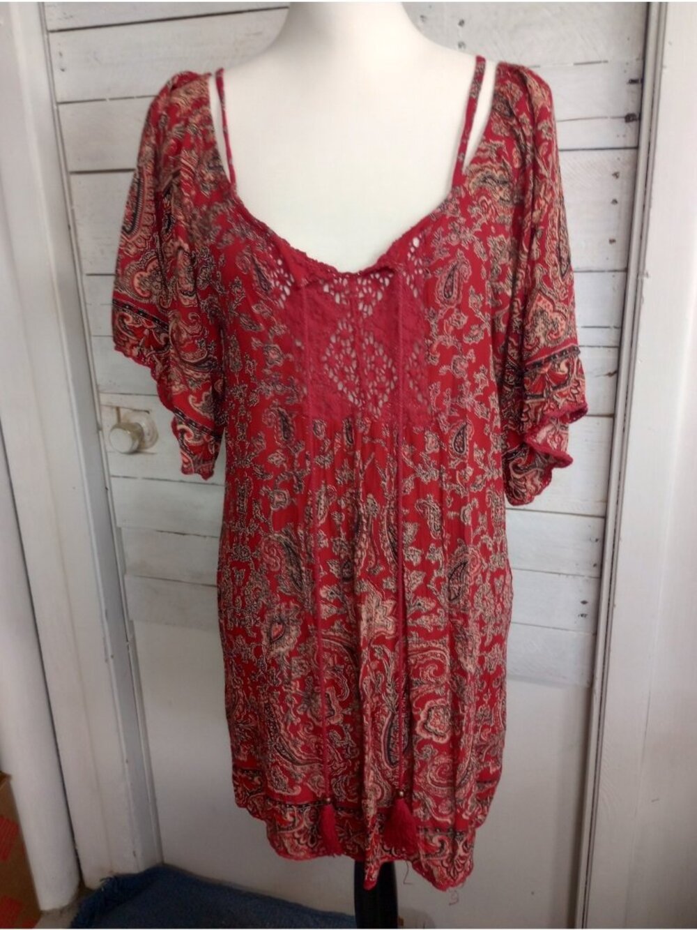 Angie Women Medium Peasant Crochet Lace Boho Tunic Top Shirt Dress Fairy